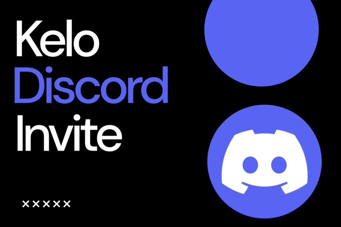 A graphic design on a black background reading 'Kelo Discord Invite' in white and blue text, accompanied by a blurred blue circle and a clear Discord logo, with 'XXXXX' at the bottom.