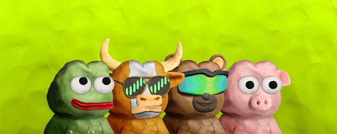 Four claymation-style animal characters—a green frog, a cow with sunglasses, a dog with visor sunglasses, and a pink pig—pose together against a bright yellow-green background.