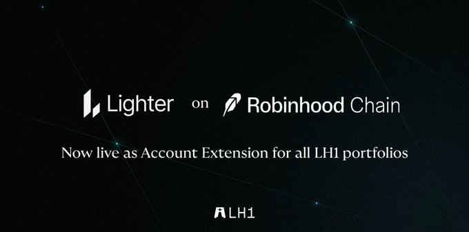 A dark promotional graphic reading 'Lighter on Robinhood Chain' with the subtitle 'Now live as Account Extension for all LH1 portfolios' and the 'LH1' logo.
