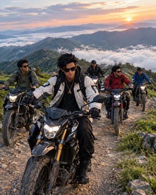 A group of motorcyclists ride dirt bikes along a mountain trail above the clouds at sunset, with a rider in the foreground wearing a white jacket, gold chain, and sunglasses on a black motorcycle.