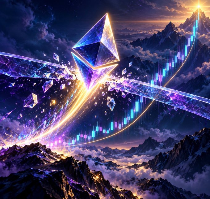A glowing Ethereum (ETH) logo soars skyward above mountain peaks, leaving a trail of candlestick bars and shattering crystalline shards that symbolize a projected price breakout toward $8,600 after clearing the $5,000 resistance level.