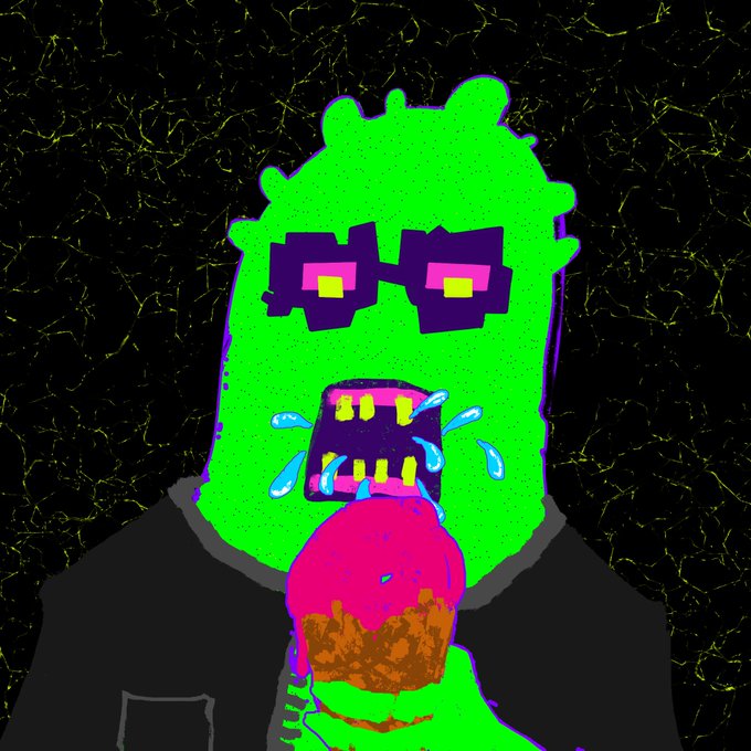 A digital drawing of a green-skinned character with square sunglasses drooling over a pink ice cream cone against a black textured background.