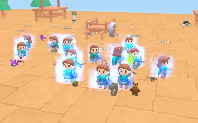 A screenshot of a multiplayer game scene featuring multiple identical avatars named 'KOBE' glowing with blue energy, surrounded by small pet-like creatures in a wooden area.