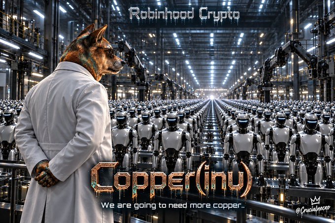 A digital artwork featuring a dog in a lab coat standing before an army of robots in a factory, with text reading 'Robinhood Crypto', 'Copper(Inu)', and 'We are going to need more copper...' by @Crucialpwee.