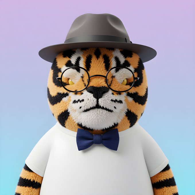 A 3D-rendered cartoon tiger character wearing a gray fedora, round glasses, a blue bow tie, and a white t-shirt against a gradient purple and blue background.