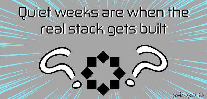 An inspirational graphic with the text 'Quiet weeks are when the real stack gets built' above a black geometric gear-like symbol flanked by white swirls, set against a gray background with blue radiating lines; credited to '@Acceptresui'.
