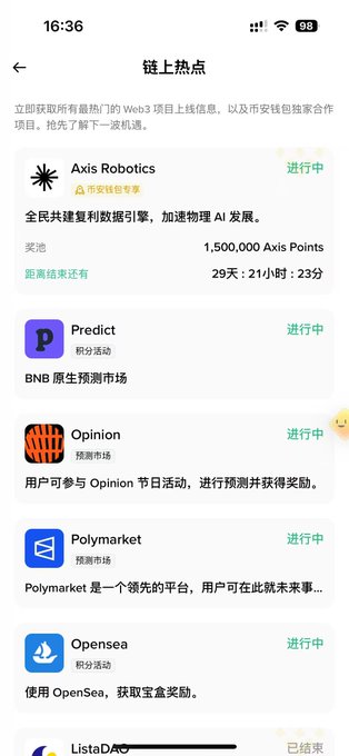 A mobile screenshot of an 'On-chain hotspots' (链上热点) list showing Web3 activities including Axis Robotics, Predict, Opinion, Polymarket, and Opensea.