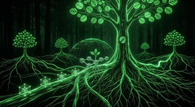 A glowing green digital artwork depicting a forest where tree roots connect via blockchain-style cubes and circuit patterns, illustrating a decentralized network.