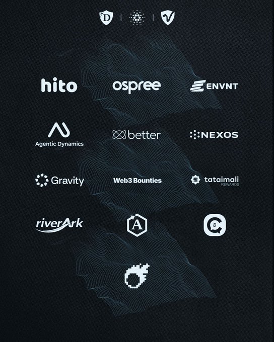 A dark background displaying a grid of logos including "hito", "ospree", "ENVNT", "Agentic Dynamics", "better", "NEXOS", "Gravity", "Web3 Bounties", "tataimati REWARD", "riverArk", and a pixel art flame icon.