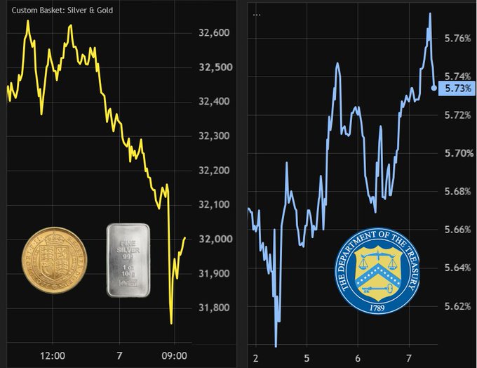A financial chart titled "Custom Basket: Silver & Gold" shows precious metals declining sharply from around 32,600 to below 31,800 over a trading session, alongside a second chart tracking U.S. Treasury yields (likely the 20-year) rising to 5.73%, visually reinforcing the post's message of a global risk-off selloff in gold and silver paired with surging Treasury yields.