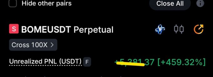 This image shows a profitable BOMEUSDT Perpetual position with an Unrealized PNL of +5,291.37 USDT, representing a +459.32% gain. The accompanying post "$BOME POSITION" likely refers to this substantial profit on the BOME trading position.