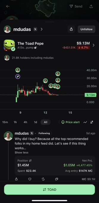 A mobile app screenshot of a crypto trading platform showing 'The Toad Pepe' token (A13o...pump) at $9.13M market cap with -4.77% change, featuring a chart and user posts from 'mdudas'.