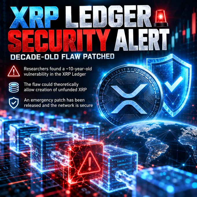 A security alert graphic titled 'XRP LEDGER SECURITY ALERT' announces a 'DECADE-OLD FLAW PATCHED', noting that researchers found a vulnerability allowing theoretical creation of unfunded XRP, but an emergency patch has secured the network.