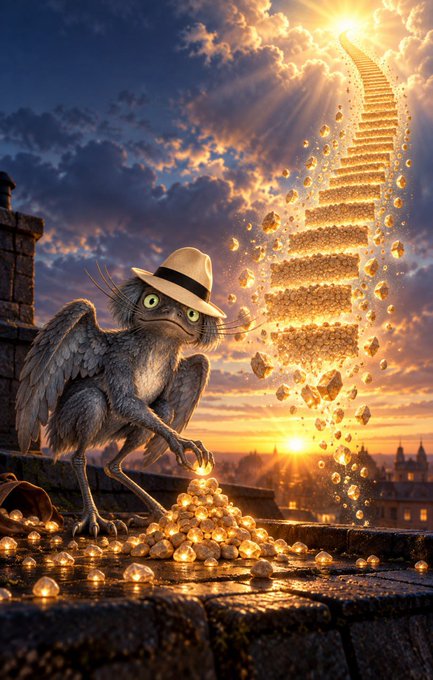 A whimsical digital illustration of a feathered creature in a fedora hat collecting a sparkling trail of golden gems leading up into a sunset sky.