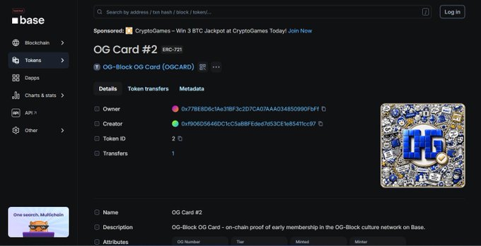 Screenshot of a Base blockchain explorer page for an ERC-721 token called 'OG Card #2', showing owner address starting with 0x77BED6, creator address starting with 0xf906D56, Token ID 2, and 1 transfer.