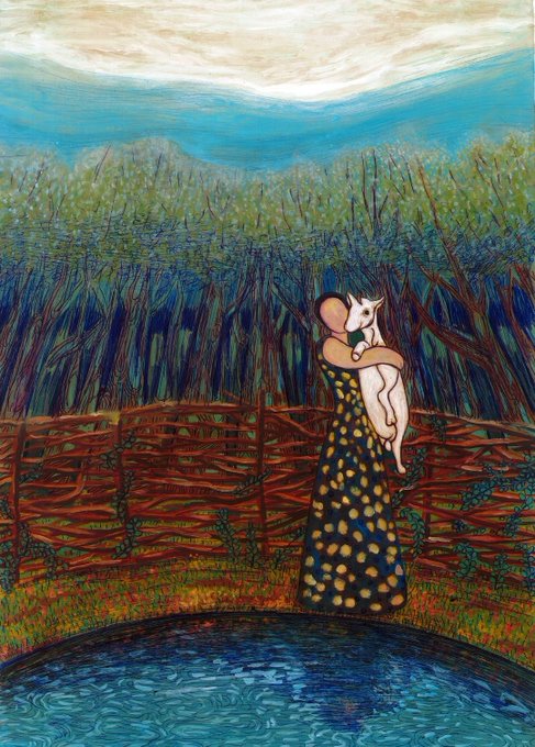 A painterly artwork showing a figure in a dark, gold-spotted dress holding a white cat, standing behind a woven fence against a backdrop of dark trees and a swirling sky.