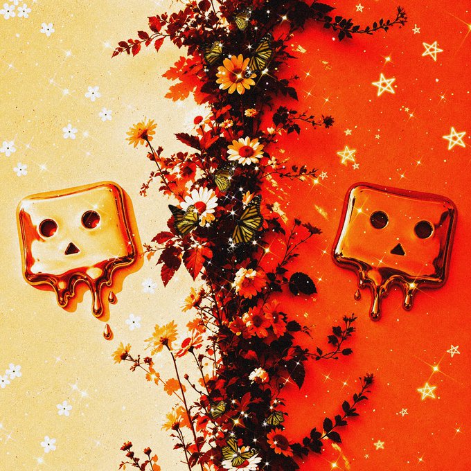 Two golden, melting skull-like figures flank a vertical arrangement of flowers, butterflies, and leaves against a split orange/yellow background decorated with stars.