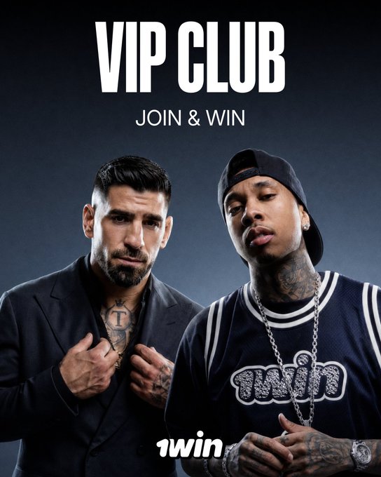 A promotional image for "1win VIP CLUB" with the tagline "JOIN & WIN" at the top, featuring two men—one in a dark suit with visible chest tattoos and the other in a black "1win" jersey with a backwards cap and chain necklace—against a dark background, with the 1win logo at the bottom.

The image visually represents the personalized, high-status concierge service mentioned in the post, using two well-known figures to convey the exclusive, celebrity-endorsed VIP experience that 1win offers its top players.