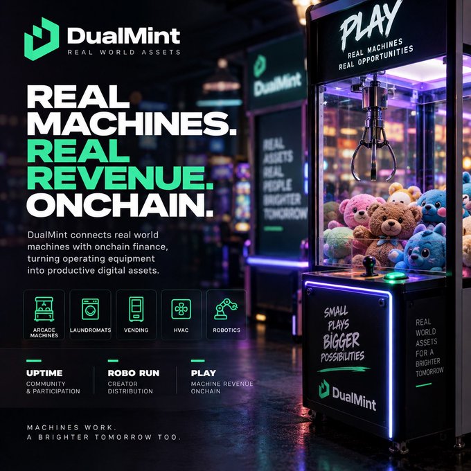 A promotional graphic for 'DualMint' featuring the slogan 'REAL MACHINES. REAL REVENUE. ONCHAIN.' alongside an image of a claw machine filled with colorful plush toys.