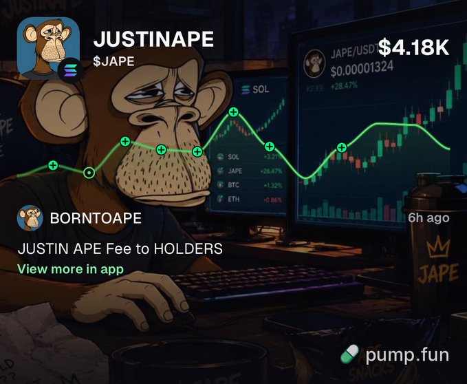 A crypto token profile page for 'JUSTINAPE' ($JAPE) on pump.fun showing a price of $4.18K and an illustration of a tired-looking ape trader in front of multiple monitors.