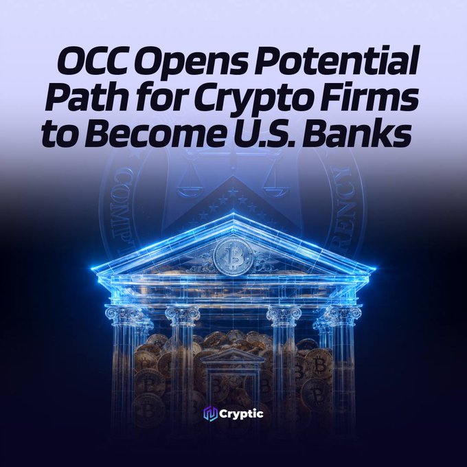 A digital illustration showing a glowing blue wireframe of a classical bank building with columns and a Bitcoin "B" on its pediment, surrounded by piles of physical Bitcoin tokens, overlaid with the headline "OCC Opens Potential Path for Crypto Firms to Become U.S. Banks" and branded with the "Cryptic" logo. The imagery visually reinforces the post's news by symbolizing the merging of traditional banking infrastructure with cryptocurrency, reflecting the OCC's potential pathway for digital asset firms to obtain national bank charters.