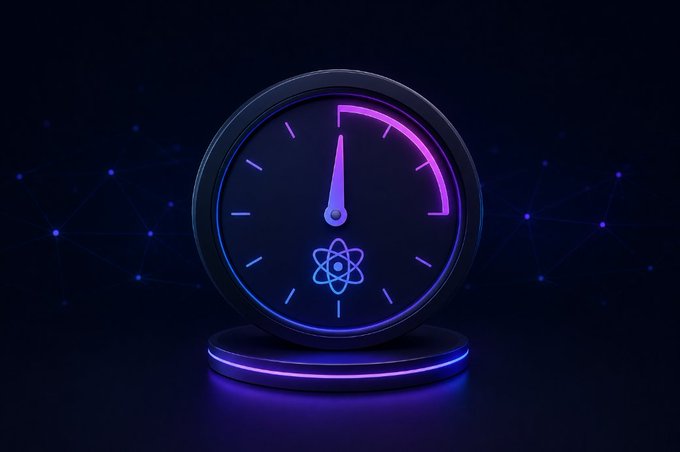 A neon purple and blue glowing clock featuring an atom symbol in the center, set against a dark background with network node graphics.