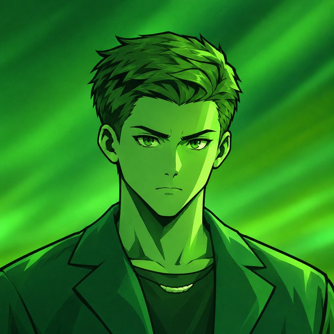 A digital anime-style portrait of a young man with green hair and green eyes against a green background.