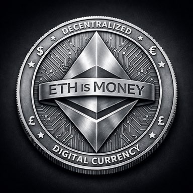 A silver commemorative coin featuring the Ethereum logo with the text 'DECENTRALIZED' at the top, 'ETH is MONEY' across a banner, and 'DIGITAL CURRENCY' at the bottom, surrounded by dollar, euro, and pound symbols.