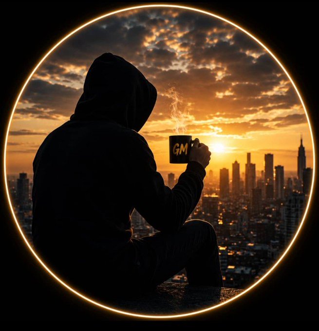 A silhouette of a hooded figure holding a steaming mug with 'GM' written on it, sitting against a sunset cityscape framed by a glowing orange ring.