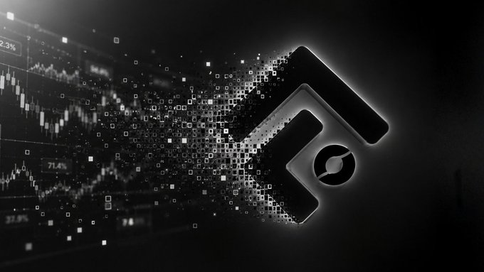 A stylized dark digital art image featuring a logo/shield emblem made of pixelated squares dissolving into a stream of data, with stock market candlestick charts visible in the background.