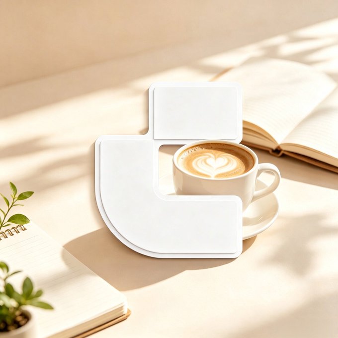 A cappuccino with latte art sits beside an open book, with a blank white sticker placed on the cup's saucer, complementing the "GM" post's cozy and motivational morning vibe.