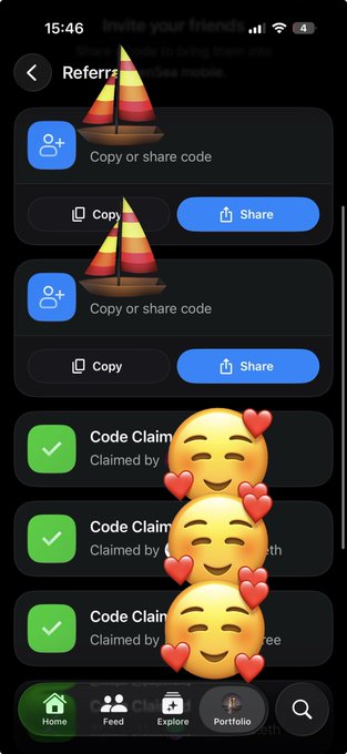A mobile app referral screen shows 'Invite your friends' with 'Copy or share code' options, multiple 'Code Claimed' notifications, and emojis of smiling faces with hearts overlaid.