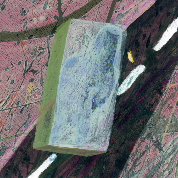 An abstract mixed-media artwork featuring a green-edged rectangular block with blue and white textures, surrounded by vibrant pink and patterned brushstrokes.