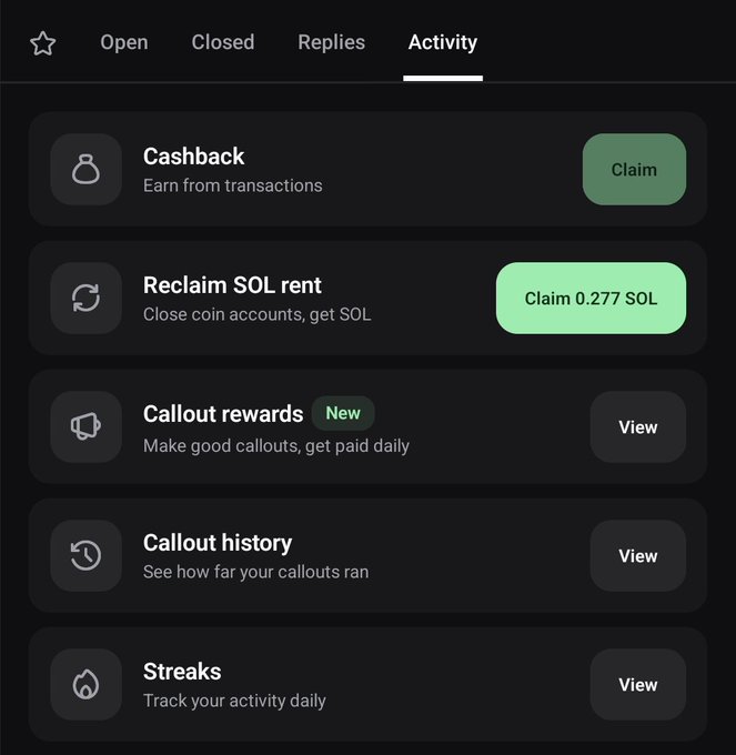 The image shows the Activity section of the PumpFun app's v26.0.0 update, featuring options for Cashback rewards, Reclaim SOL rent (0.277 SOL), Callout rewards (new), Callout history, and Streaks tracking. It illustrates the new activity tab mentioned in the post, highlighting the convenience of viewing rewards, reclaiming SOL, and checking cashback in one place.