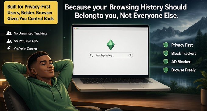An advertisement for "Beldex Browser" features the slogan "Because your Browsing History Should Belong to you, Not Everyone Else," highlighting features like "No Unwanted Tracking" and "Block Trackers."