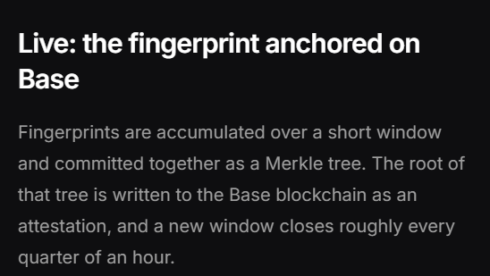 Text slide titled 'Live: the fingerprint anchored on Base' explaining that fingerprints are accumulated in a short window, committed as a Merkle tree, with the root written to the Base blockchain every ~15 minutes.