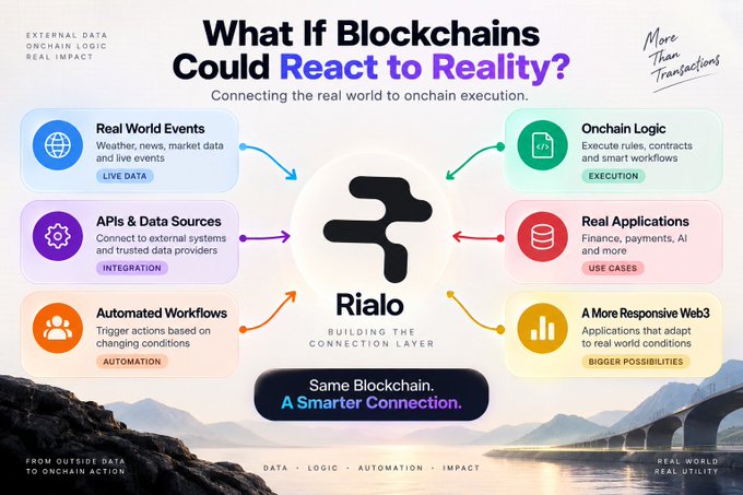 An infographic titled 'What If Blockchains Could React to Reality?' explains the Rialo platform, connecting Real World Events, APIs & Data Sources, and Automated Workflows to Onchain Logic, Real Applications, and A More Responsive Web3.