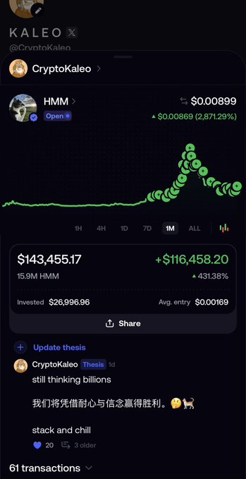 A mobile crypto portfolio screenshot showing HMM token chart at $0.00899 (+2,871.29%), with holdings of 15.9M HMM valued at $143,455.17 (+431.38%), invested $26,996.96, under the KALEO/CryptoKaleo account.