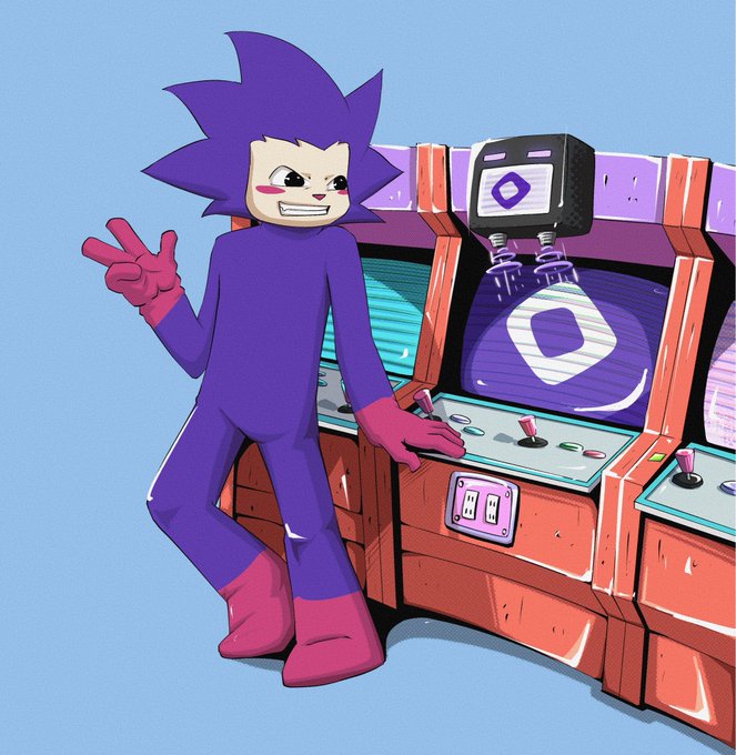 A purple cartoon character with spiky hair making a peace sign while leaning against arcade cabinets.