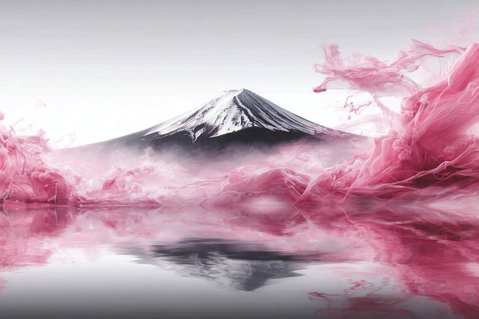A snow-capped mountain, resembling Mount Fuji, rises above a reflective body of water, surrounded by swirling, vibrant pink mist and clouds.