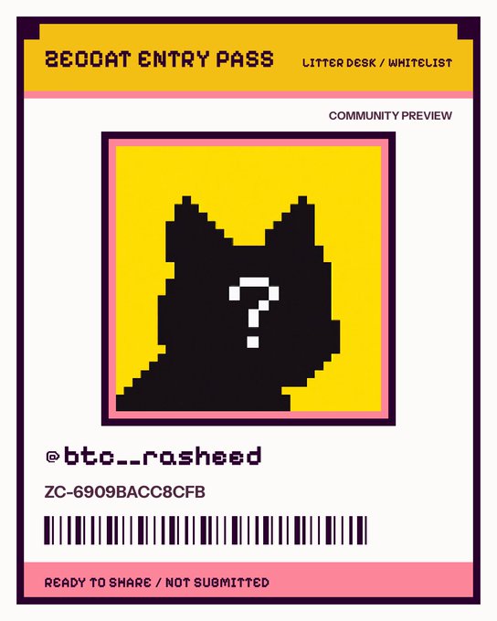 A 'BEDOAT ENTRY PASS' digital card labeled 'LITTER DESK / WHITELIST' and 'COMMUNITY PREVIEW', featuring a yellow cat silhouette with a question mark, username @btc._.rasheed, ID ZC-6909BACC8CFB, and a 'READY TO SHARE / NOT SUBMITTED' status.