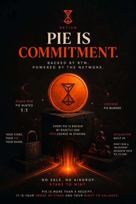 A promotional poster for 'RETIUM' with the headline 'PIE IS COMMITMENT.' featuring a glowing orange coin with an hourglass symbol, text explaining staking mechanics with 'PIE MINTED 1:1' to 'PIE BURNED', and messaging stating 'NO SALE. NO AIRDROP. STAKE TO MINT.'