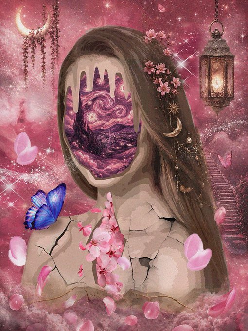 A surreal digital artwork shows a cracked porcelain figure with a galaxy-filled void for a face, adorned with cherry blossoms, a crescent moon, and a hanging lantern in pink hues.