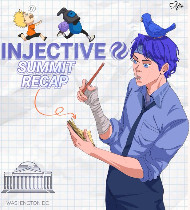 Anime-style illustration for an 'INJECTIVE SUMMIT RECAP' event in Washington DC, featuring a blue-haired character with a bird on his head, a Naruto chibi, and a backpack-wearing character running above the title text.