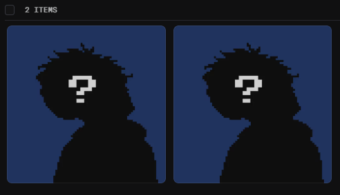 A dark interface screen showing '2 ITEMS' at the top, with two identical placeholder silhouettes of a person's profile featuring a question mark on their face.