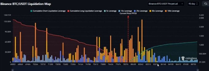 A 'Binance BTC/USDT Liquidation Map' chart from Coinglass showing cumulative short and long liquidation leverage with the current price marked at $79733.