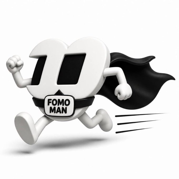 A 3D cartoon character shaped like the letters 'ID' wearing a black superhero cape and a chest label reading 'FOMO MAN,' running with motion lines.