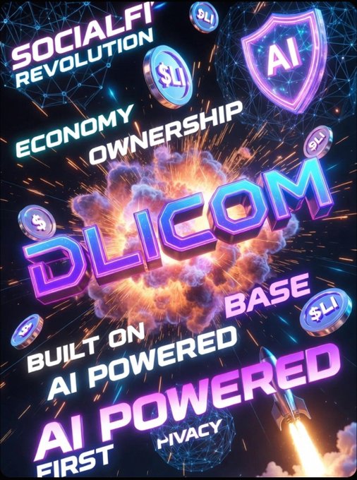 The image features a poster for a project called "DLICOM" written in purple letters against a black background with various symbols, including a rocket ship and a shield. The text on the poster reads "DLICOM IS NOT JUST ANOTHER PROJECT ... THIS IS THE FUTURE OF SOCIALFI @DlicomApp is building the real infrastructure for the Ownership Economy while others drop hype tokens with zero product". This suggests that DLICOM is focused on creating a new type of currency system based on blockchain technology, which would allow users to own and control their digital assets. The poster also includes the words "SOCIALFIT", "REVOLUTION", "ECONOMY", "OWNERSHIP", and "ALPHA AI".
