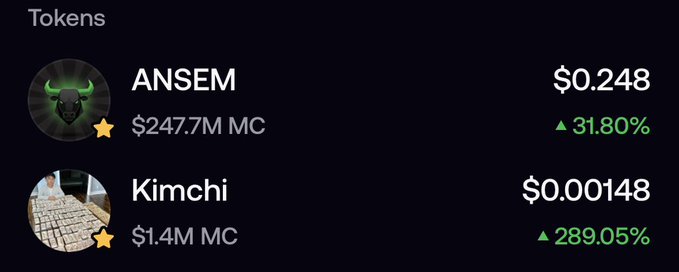 A dark-themed cryptocurrency tracking screen displays two tokens: ANSEM at $0.248 with a $247.7M market cap and a 31.80% gain, and Kimchi at $0.00148 with a $1.4M market cap and a 289.05% increase.