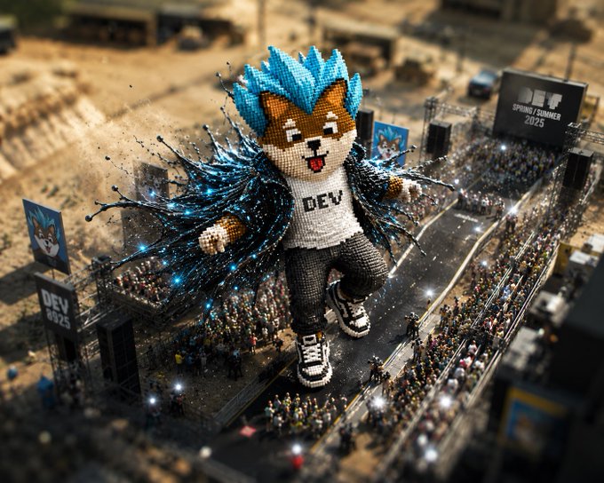 The image features a large Lego dog character standing on top of a stage with a crowd of people watching from below. The dog has blue hair and is wearing a white shirt, black pants, and white shoes. The scene appears to be set at an event or gathering where the Lego dog character is the center of attention.